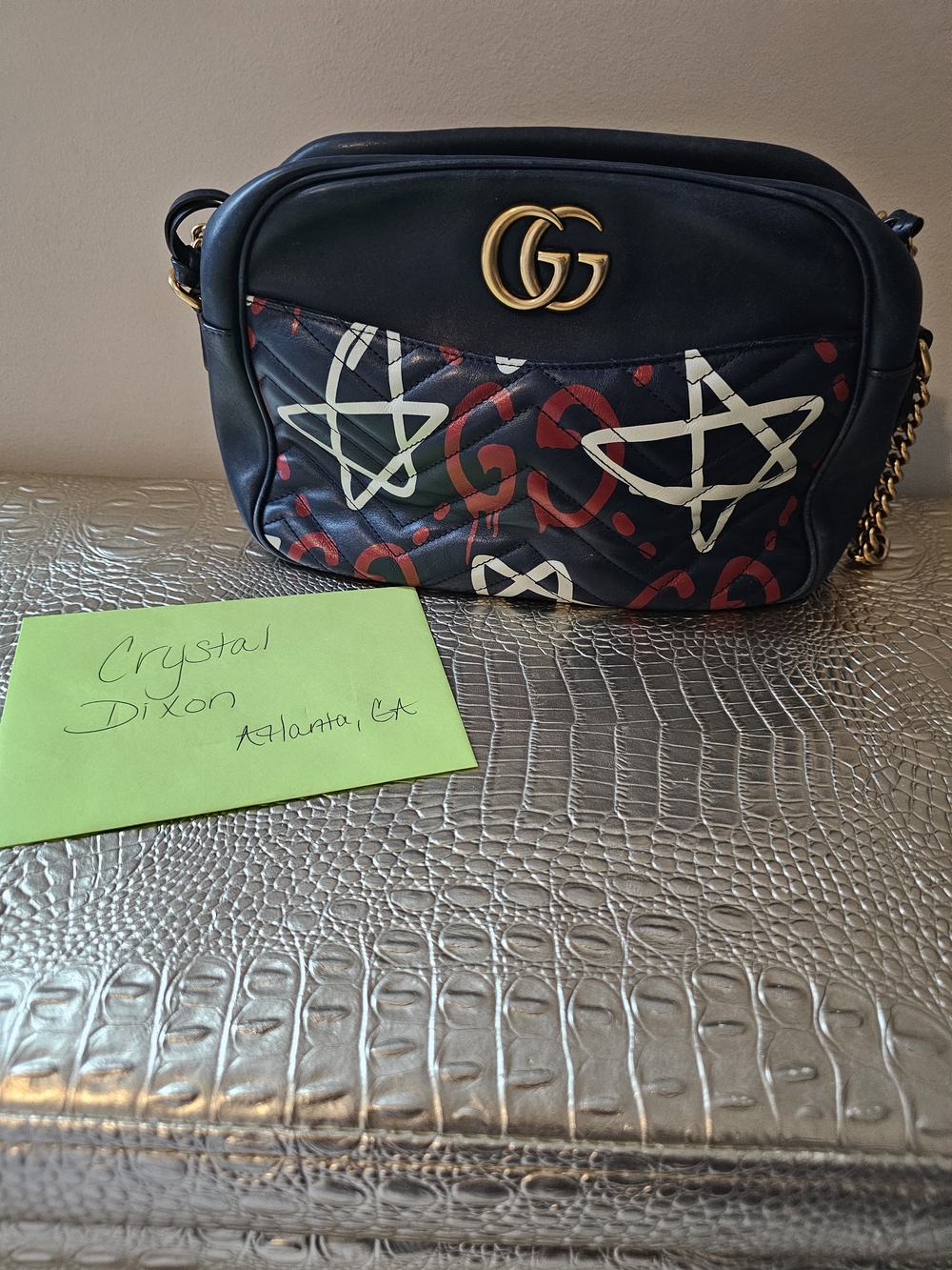 ***SOLD***Gucci Navy Grafitti Crossbody with Red & White Graphic Print